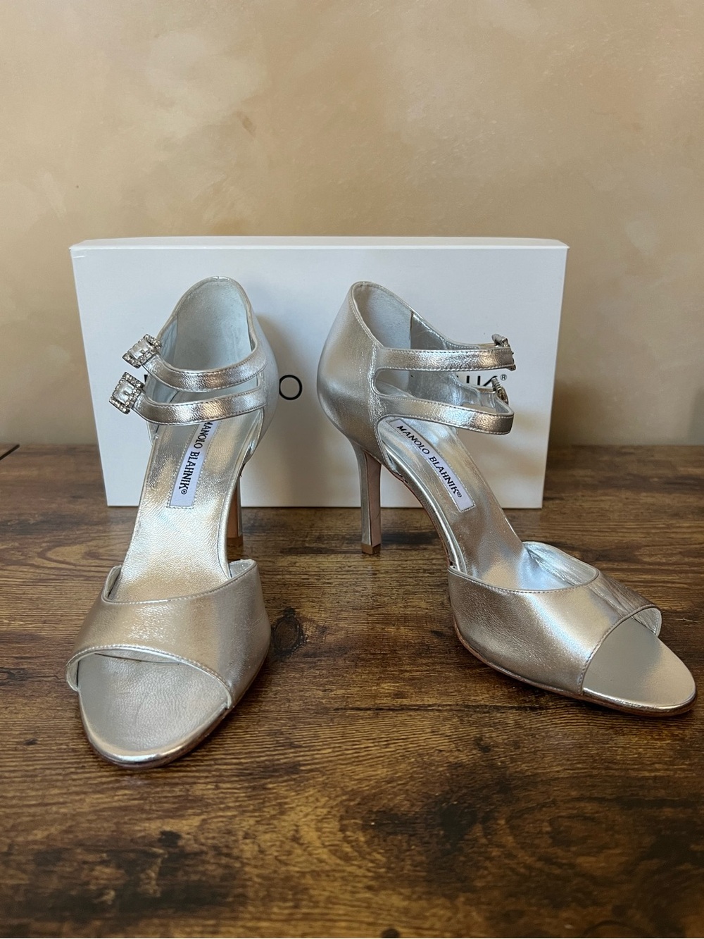 Manolo Blahnik Metallic Silver Strappy Peep-Toe 3 1/2 Heels with Crystal Buckles
